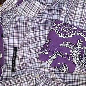 🔨Hammer Made 42  16.5 Cotton Button Down Shirt White & Purple Plaid  EUC